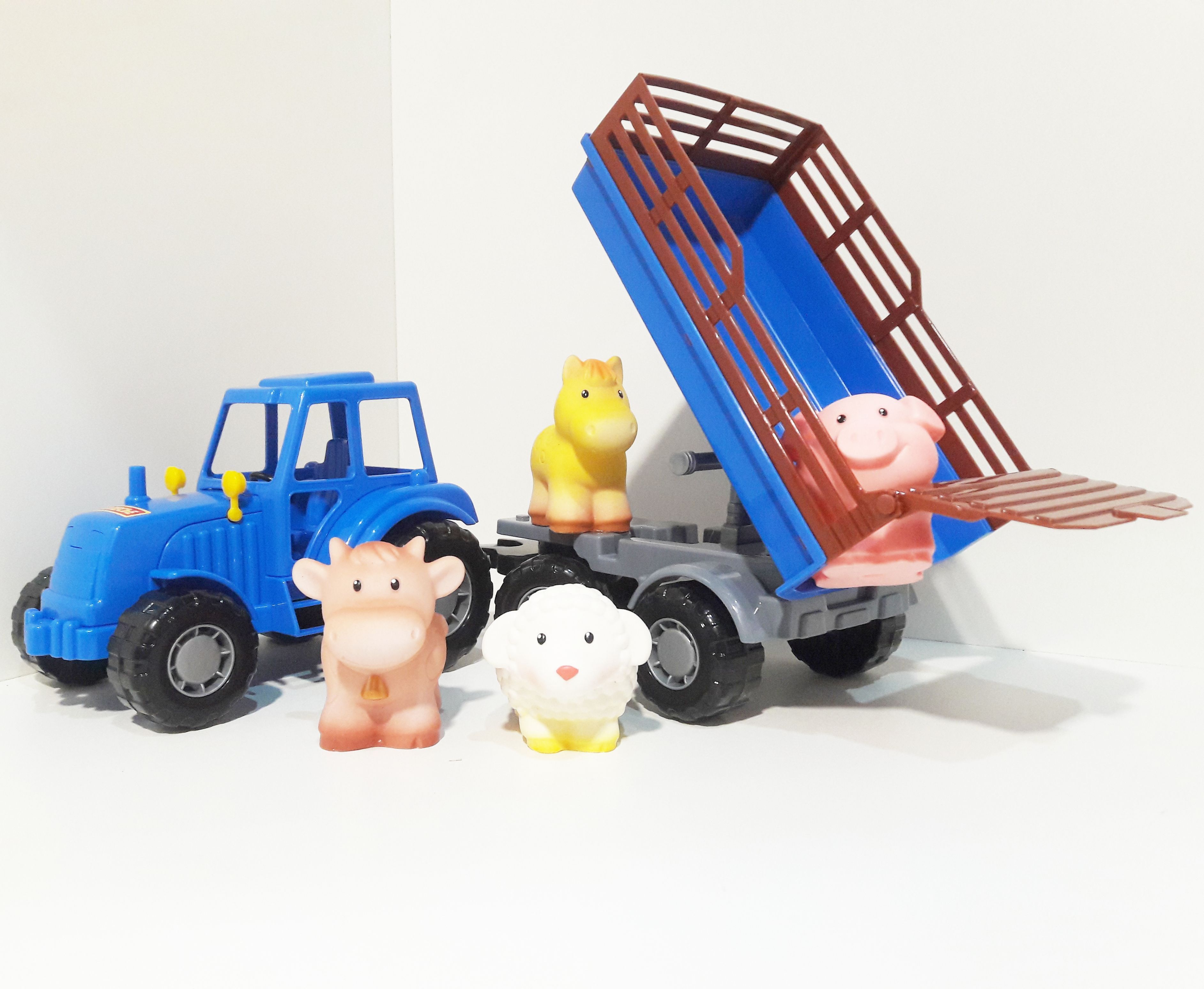 Синий трактор с прицепом 44 см и 4 высококачественных домашних животных