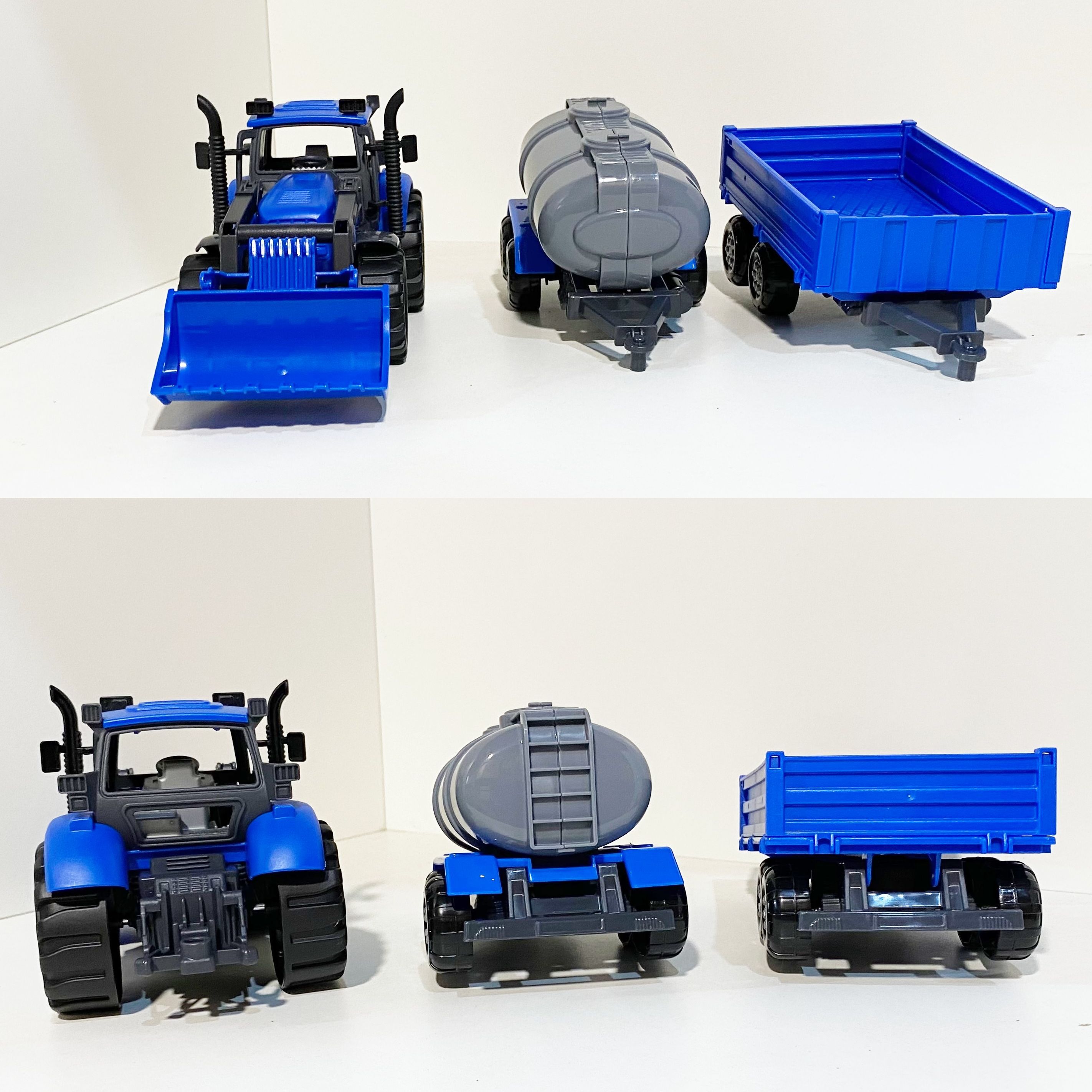 Набор инерционный синий трактор "Прогресс" с 2-мя прицепами бортовой и цистерна - 43 см