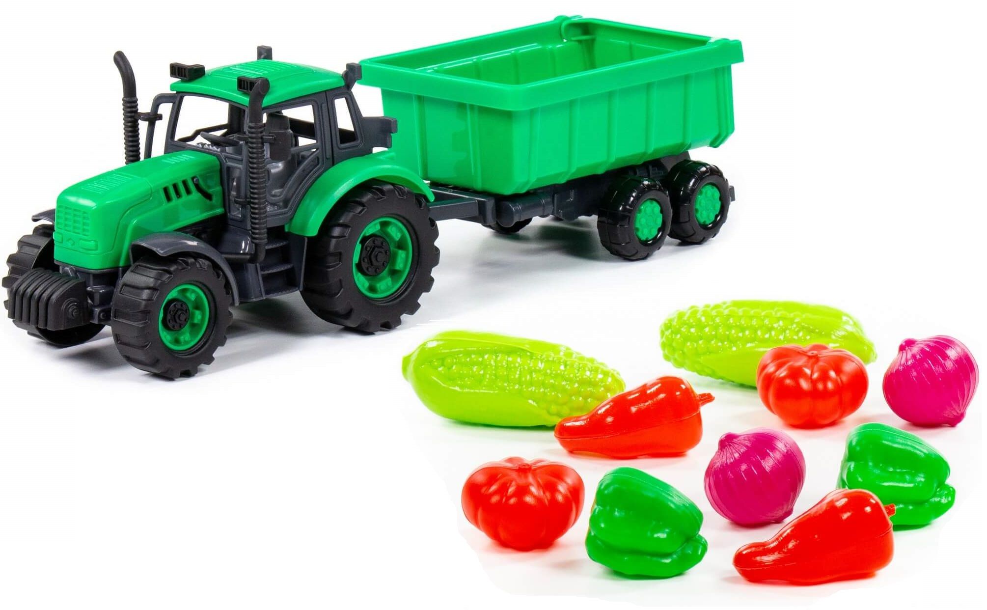 Развивающий набор "Сбор урожая" N2 с инерционным трактором с прицепом и набором овощей