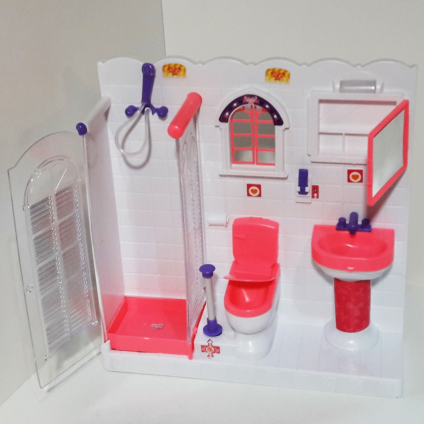 Ванная душевая с водой и с туалетом унитазом для кукольного домика для кукол ростом 26-29 см типа барби - свет, звук