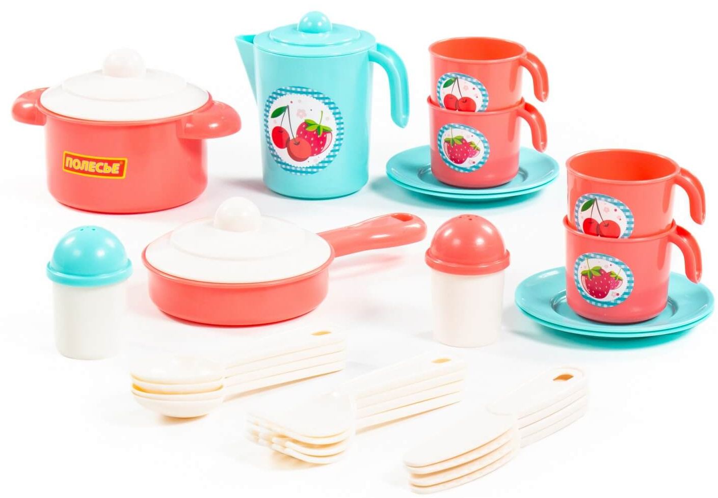 Игровой набор детской посуды на 4 персоны красно-бирюзовый