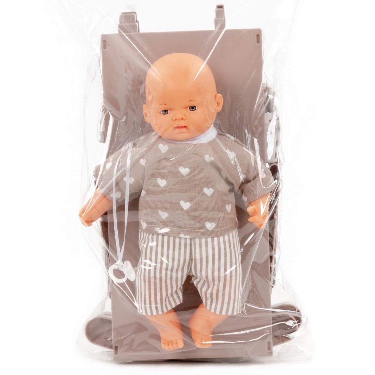 Кроватка-качалка с куклой ростом 28 см с подушкой, одеялкой и матрасиком коричневая