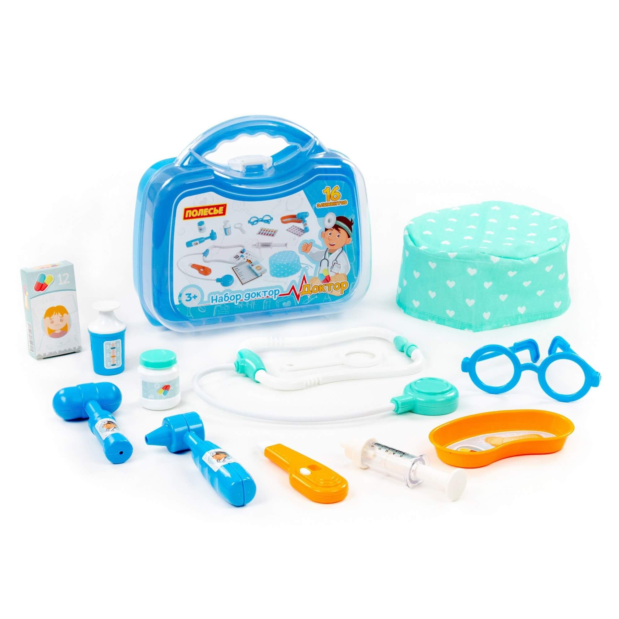 Набор доктора в малом чемоданчике  Полесье  16 инструментов с шапочкой врача