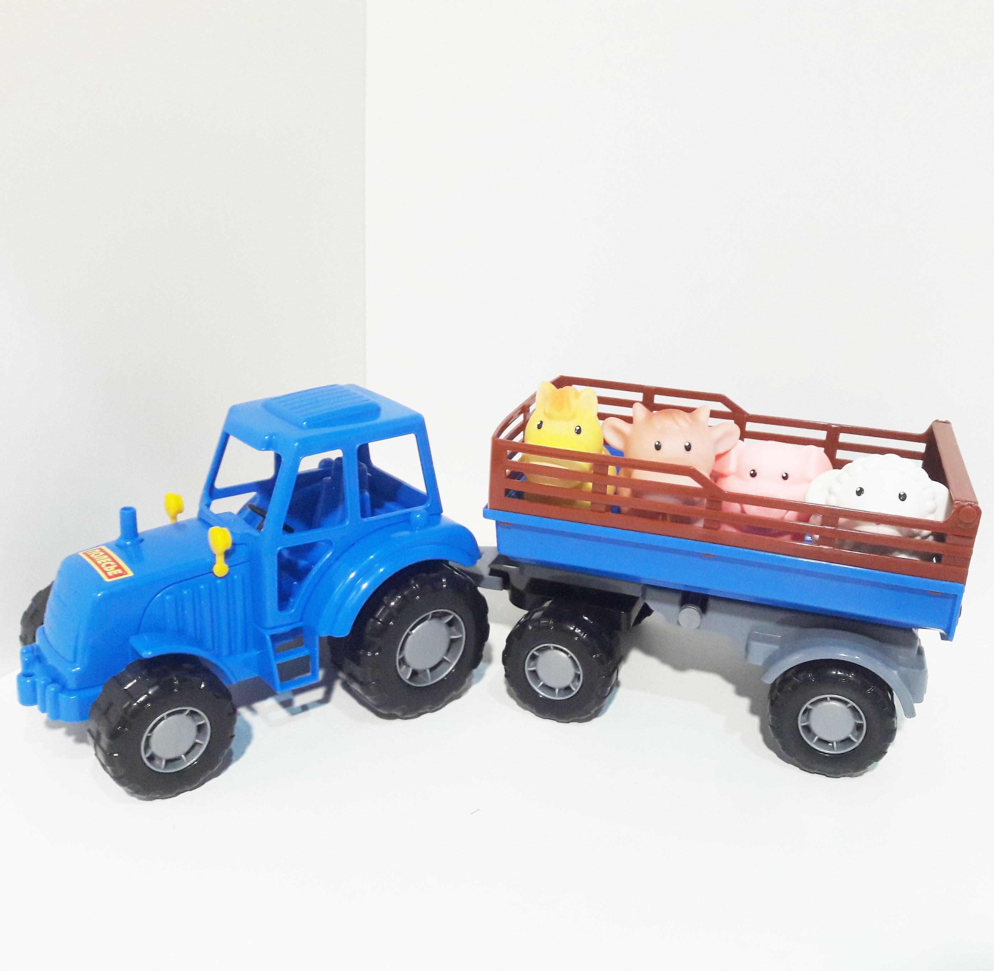 Синий трактор с прицепом 44 см и 4 высококачественных домашних животных
