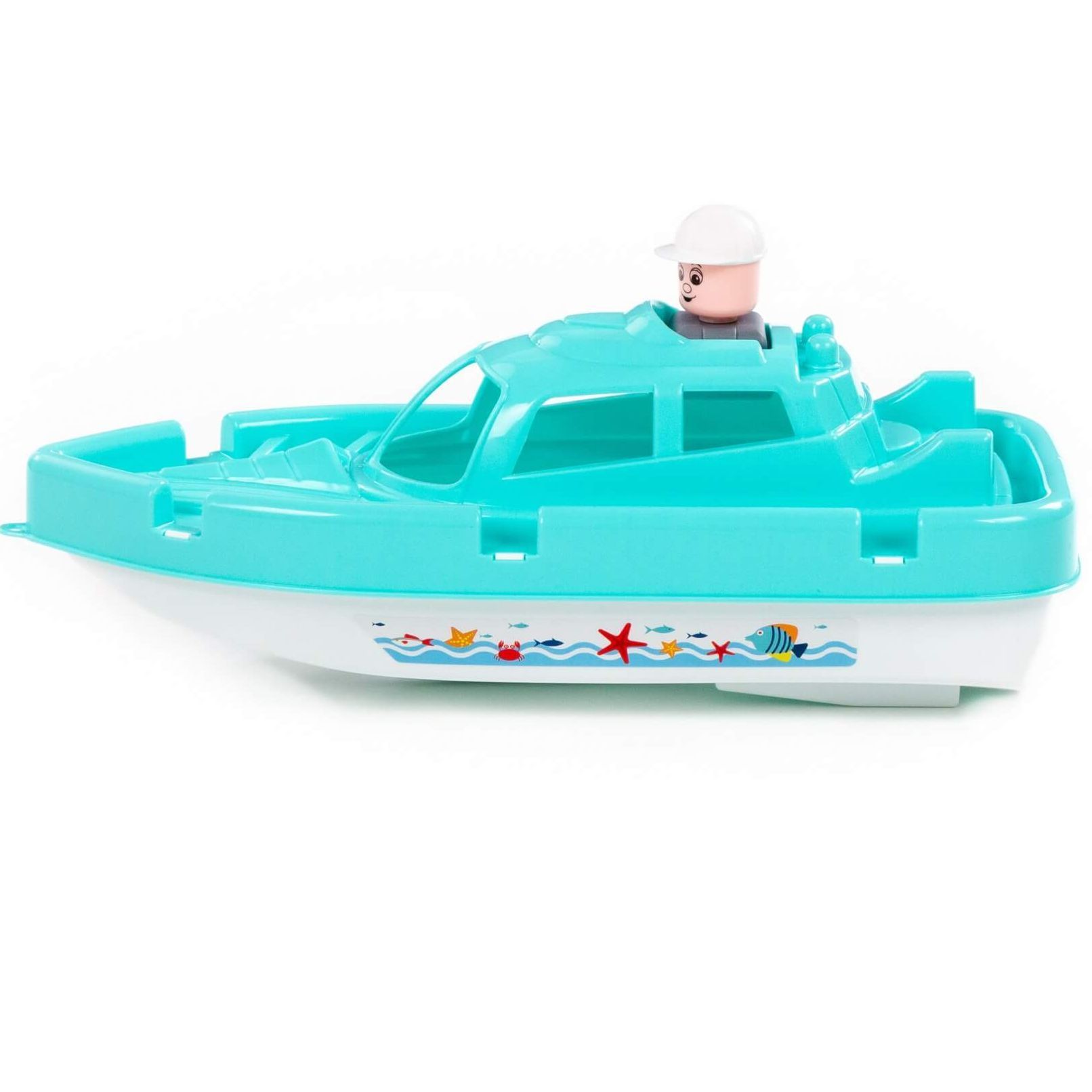 Пластмассовый катер для купания 33 см с фигуркой капитана бирюзовый