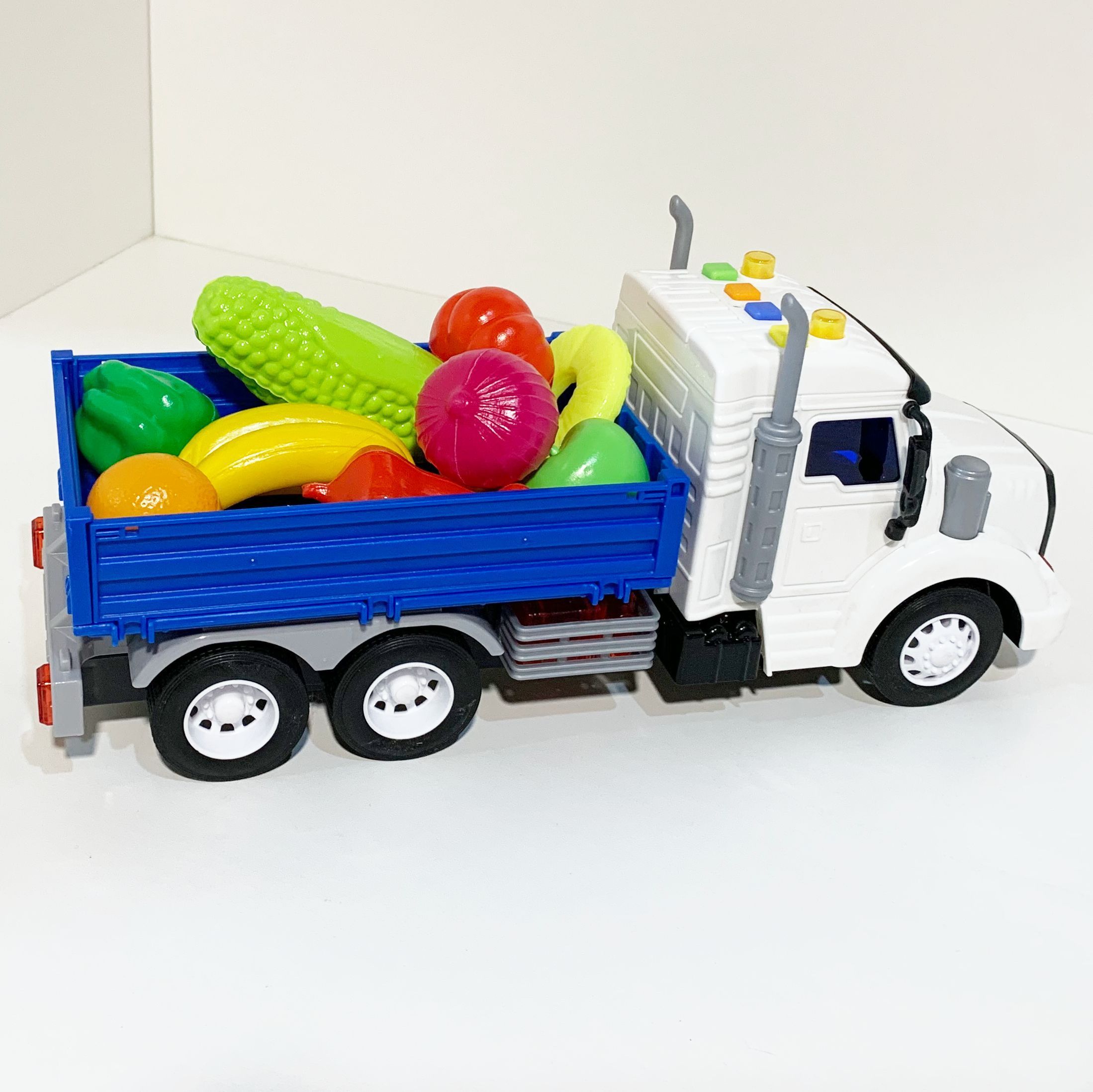 Набор Везем урожай - мини овощи и фрукты 10 шт. - машинка бортовой грузовик Профи с инерционным ходом, светом и звуком 25,7 см.