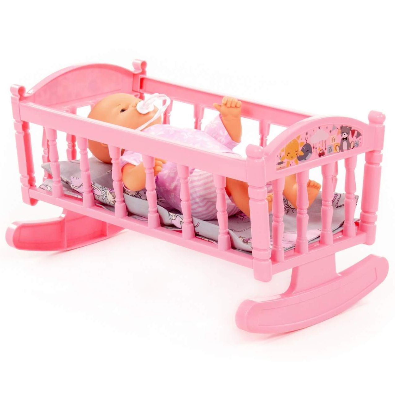 Кроватка-качалка с куклой ростом 28 см с подушкой, одеялкой и матрасиком розовая