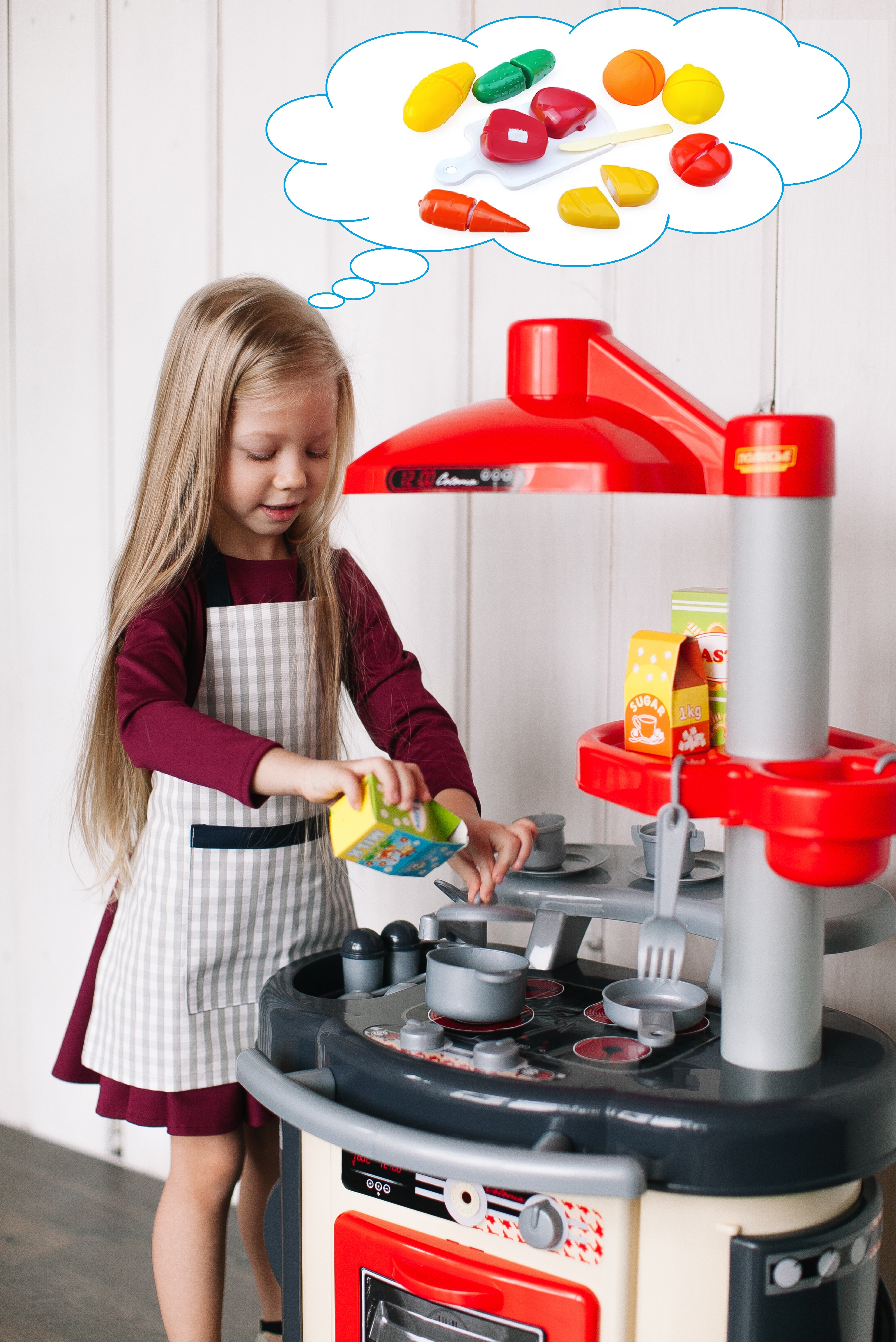 Детская кухня Marta высота 100 см Полесье с дополнительным набором разрезных овощей и фруктов