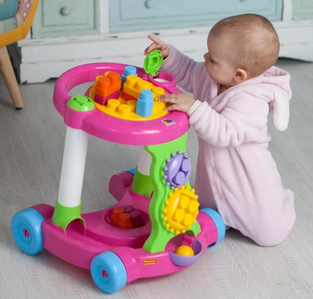 Детские ходунки игровой центр с конструктором розовые