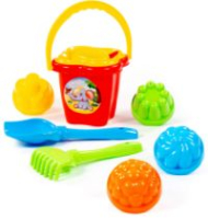 Песочный набор ведро-цветок среднее, сито, 4 пасочки, лопатка и грабельки №5