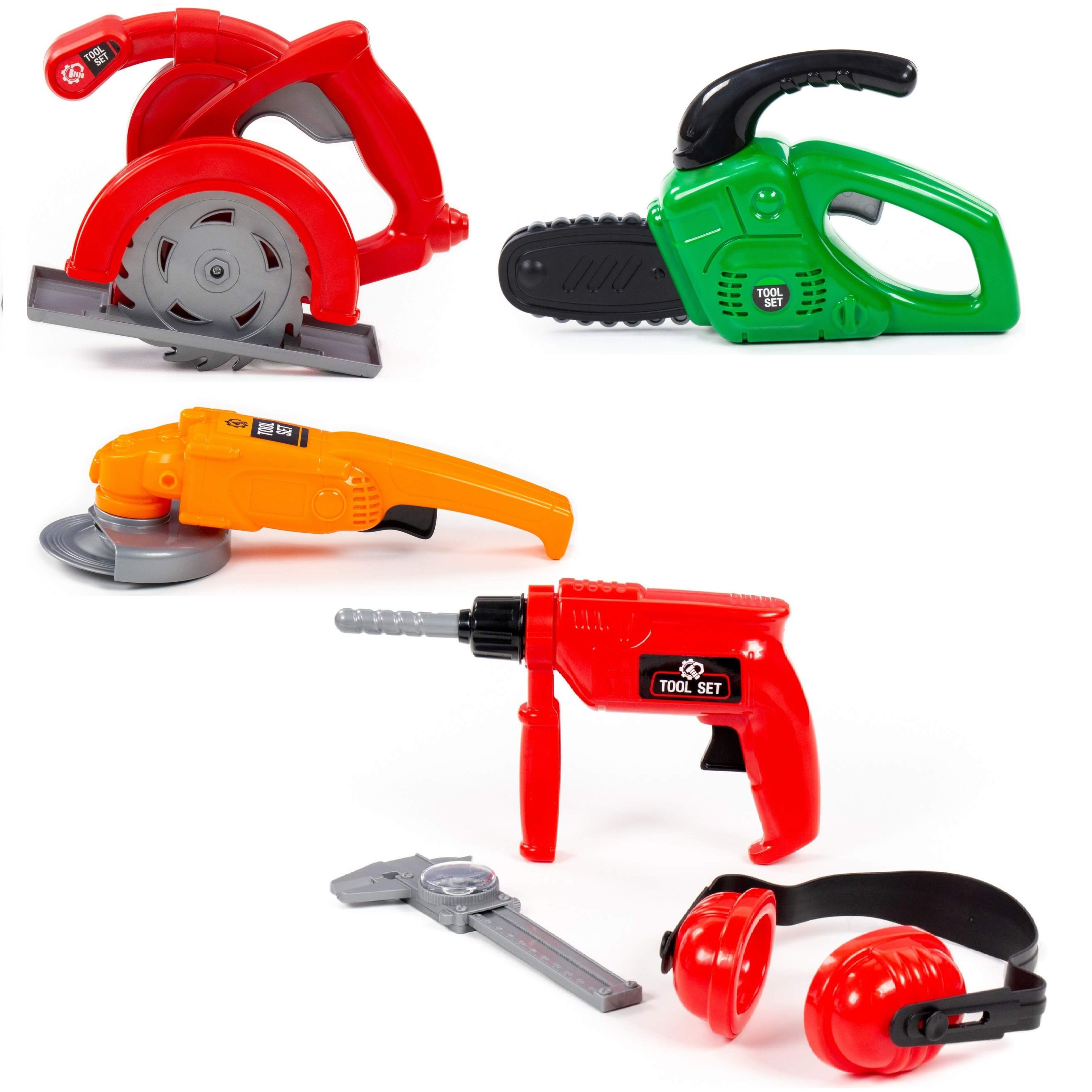 Набор 4-х игрушечных инструментов Полесье для малышей с механическим вращением болгарка, циркулярка, перфоратор с наушниками, бензопила