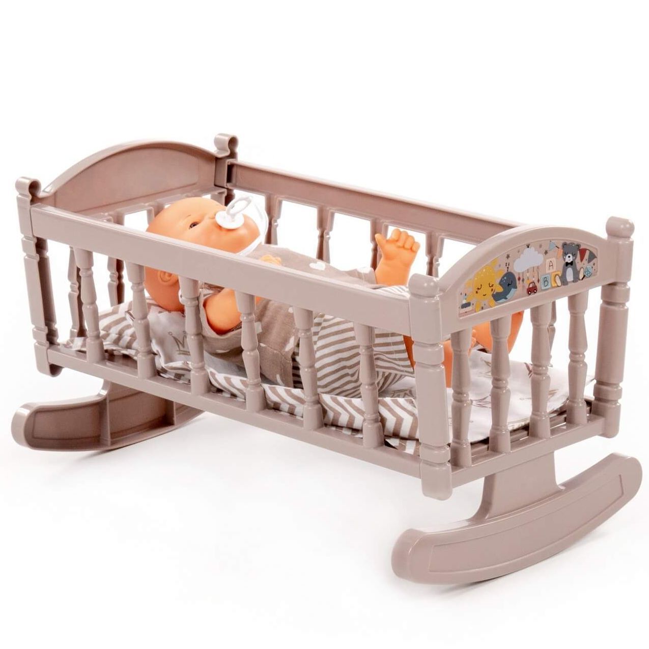 Кроватка-качалка с куклой ростом 28 см с подушкой, одеялкой и матрасиком коричневая