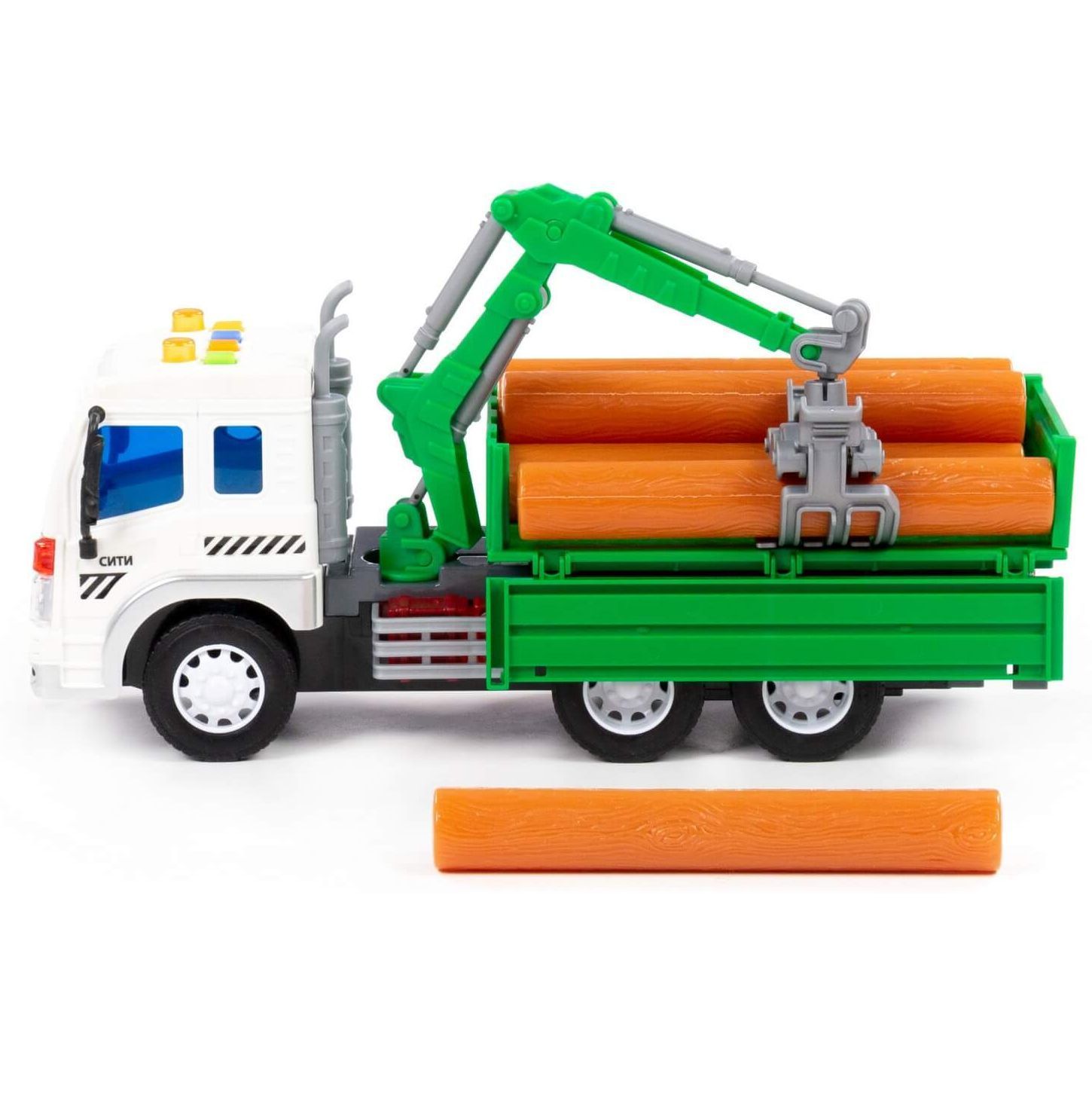 Машинка бортовой грузовик лесовоз с 7-ю бревнами, с краном-манипулятором Сити 27,5 см инерция, свет-звук - зеленый Машинка бортовой грузовик лесовоз с 7-ю бревнами, с краном-манипулятором Сити 27,5 см инерция, свет-звук - зеленый