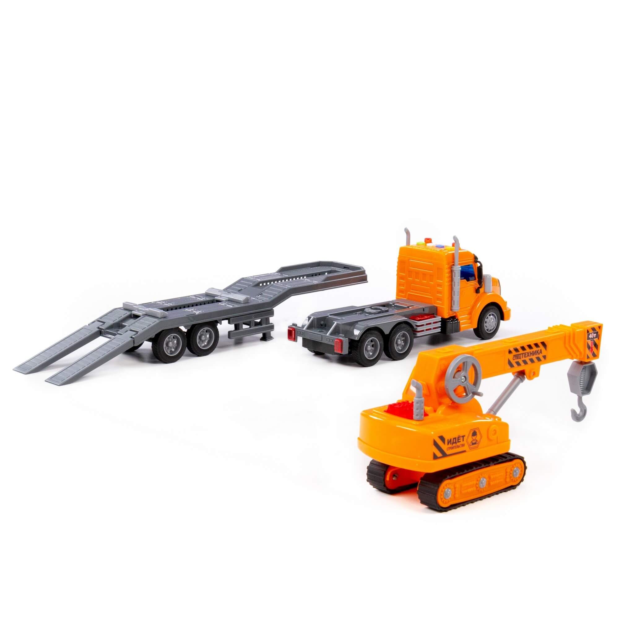 Игрушка тягач с прицепом 51 см - автовоз с гусеничным краном Профи Полесье  динамо- инерция, свет, 4 звука