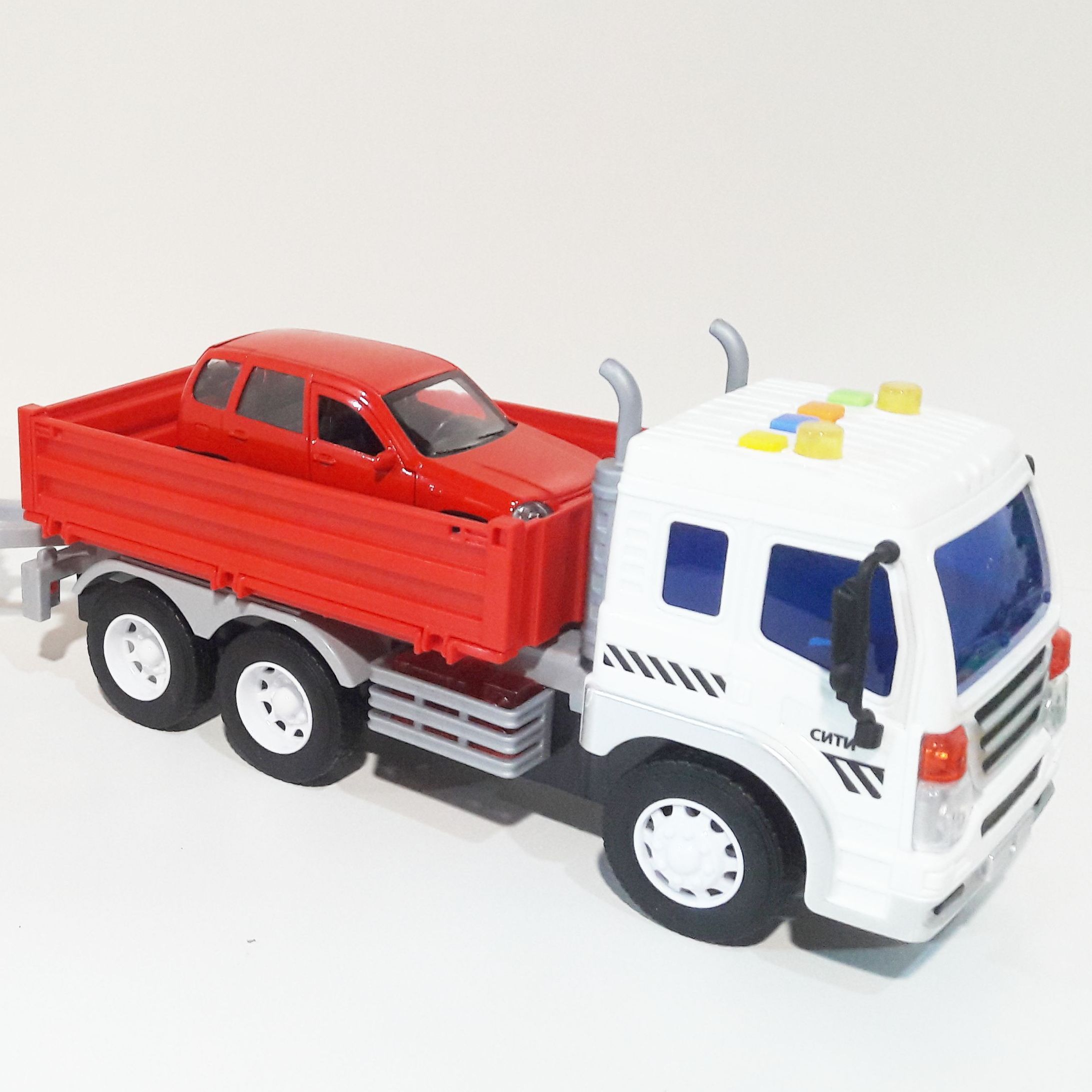 бортовой грузовик Сити 26 см, инерция, свет, звук - металлическая машинка-модель 12 см, инерция, открытие дверей бортовой грузовик Сити 26 см, инерция, свет, звук - металлическая машинка-модель 12 см, инерция, открытие дверей