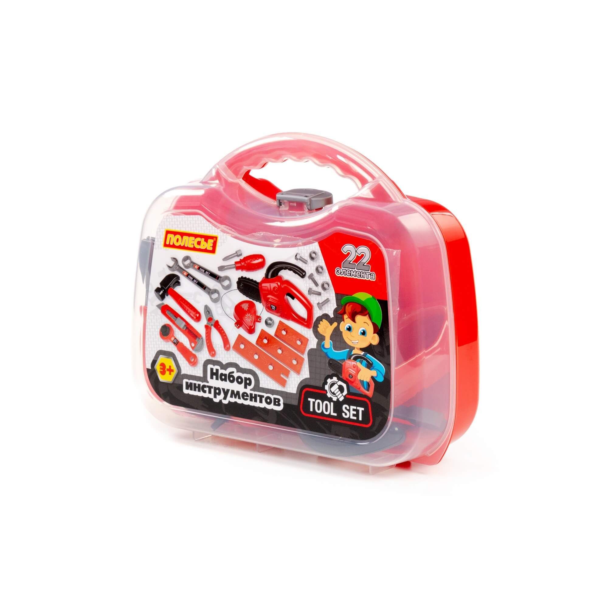 Набор детских инструментов в чемодане юного мастера Полесье 21 эл. с бензопилой с механическим вращением цепи