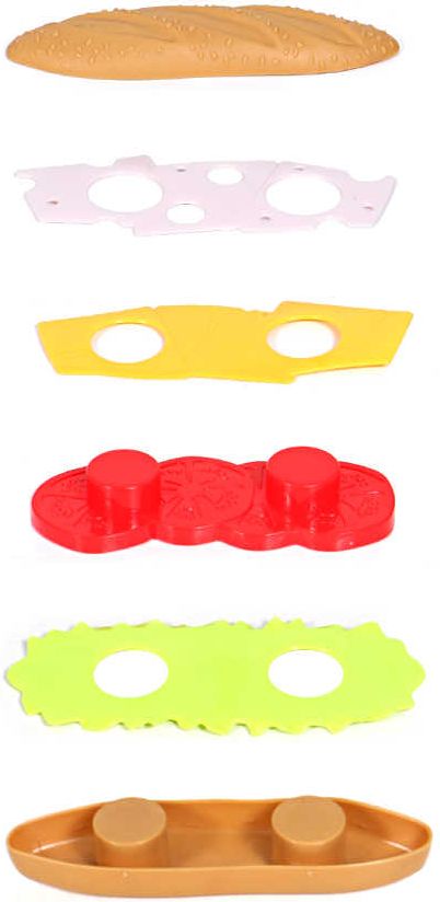 Бургер состоит из 6-ти частей: верхняя и нижняя булочки. лист бекона, лист сыра, лист помидоров и лист салата, которые крепятся по типу пирамидки - некоторые имеют отверстия для нанизывания, а некоторые - выпуклости. detskij-nabor-produktov-burger-02.jpg