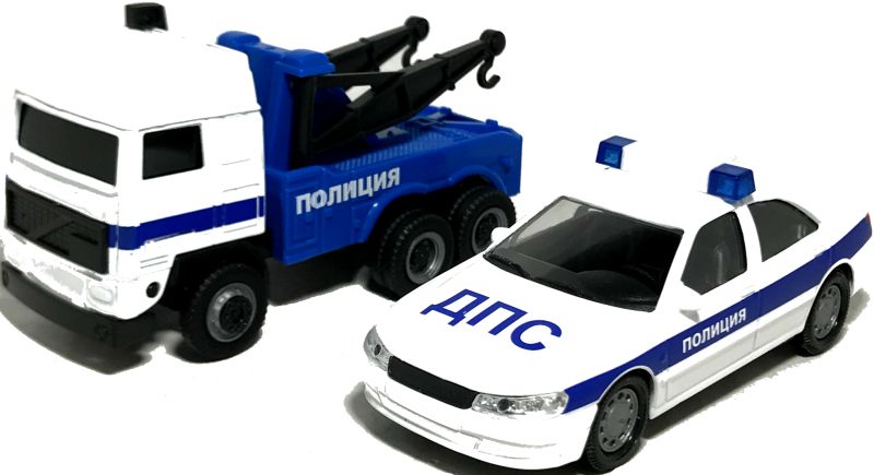 В наборе: полноценный металлический игрушечный автомобиль ДПС Peugeot 406, а также полицейский эвакуатор. igrushechnyj-policejskij-garazh-03.jpg