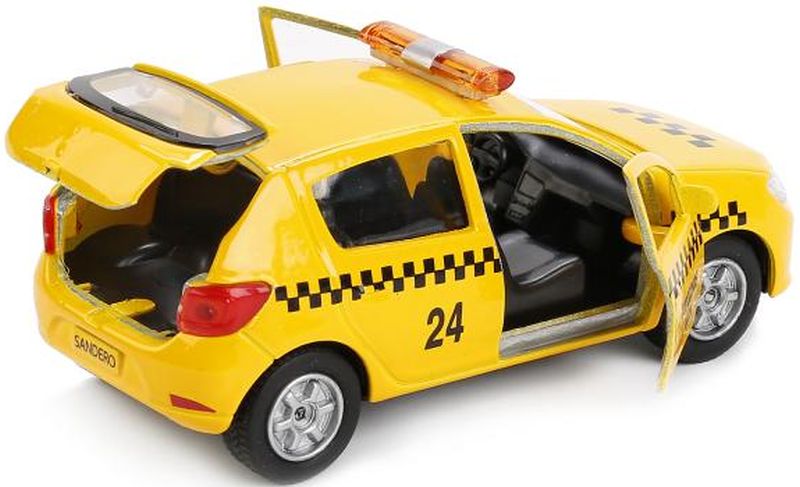 У машинки Renault Sandero Такси открываются две передние двери и задняя дверь багажника. igrushechnaya-mashinka-renault-sandero-taksi-02.jpg